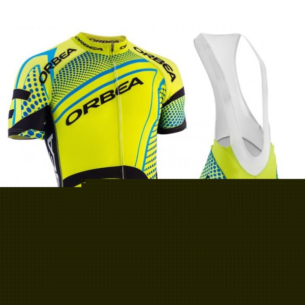 2015 Orbea fluo geel blauw Fietskleding Set Fietsshirt Korte Mouwen+Fietsbroek Bib Korte 2201